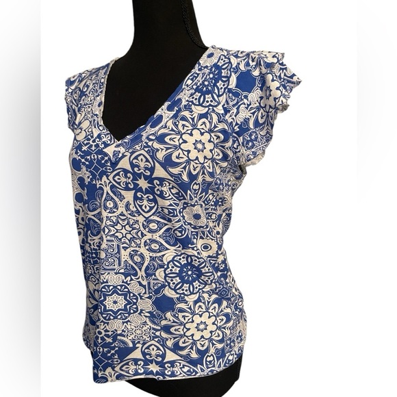MAEVE ANTHROPOLOGIE CATIE RUFFLE-SLEEVED TEE medallion BLOUSE floral size XS - Picture 4 of 12